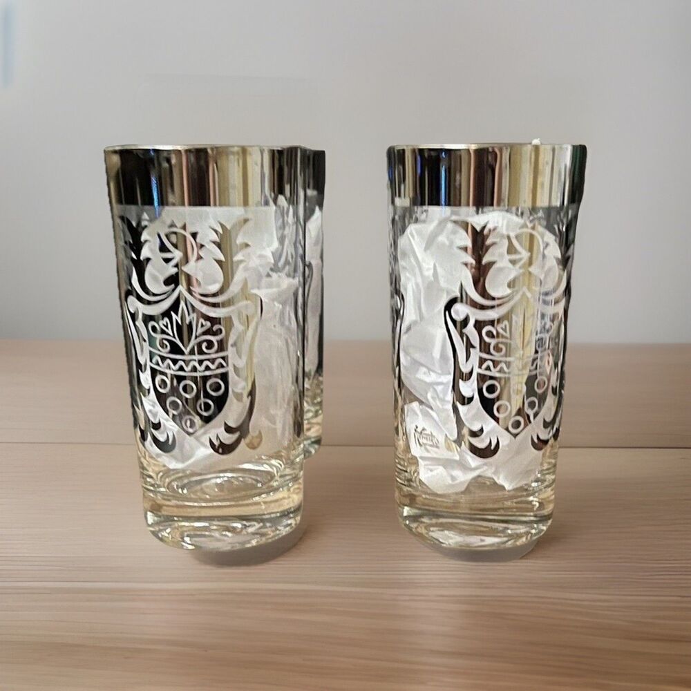 MCM Signed Kimiko Guardian Shield Crest Highball Glasses Silver 1960's Lot of 4